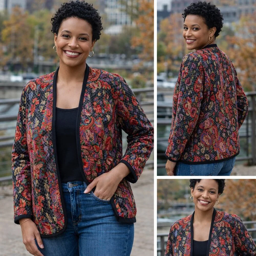 Serengeti Catalog Floral Tapestry Open Jacket | Women’s 3X | Red | Pockets